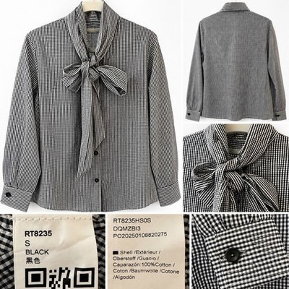 Black Gingham Bow Tie Neck Button Front Long Sleeve Blouse Cotton Women’s S